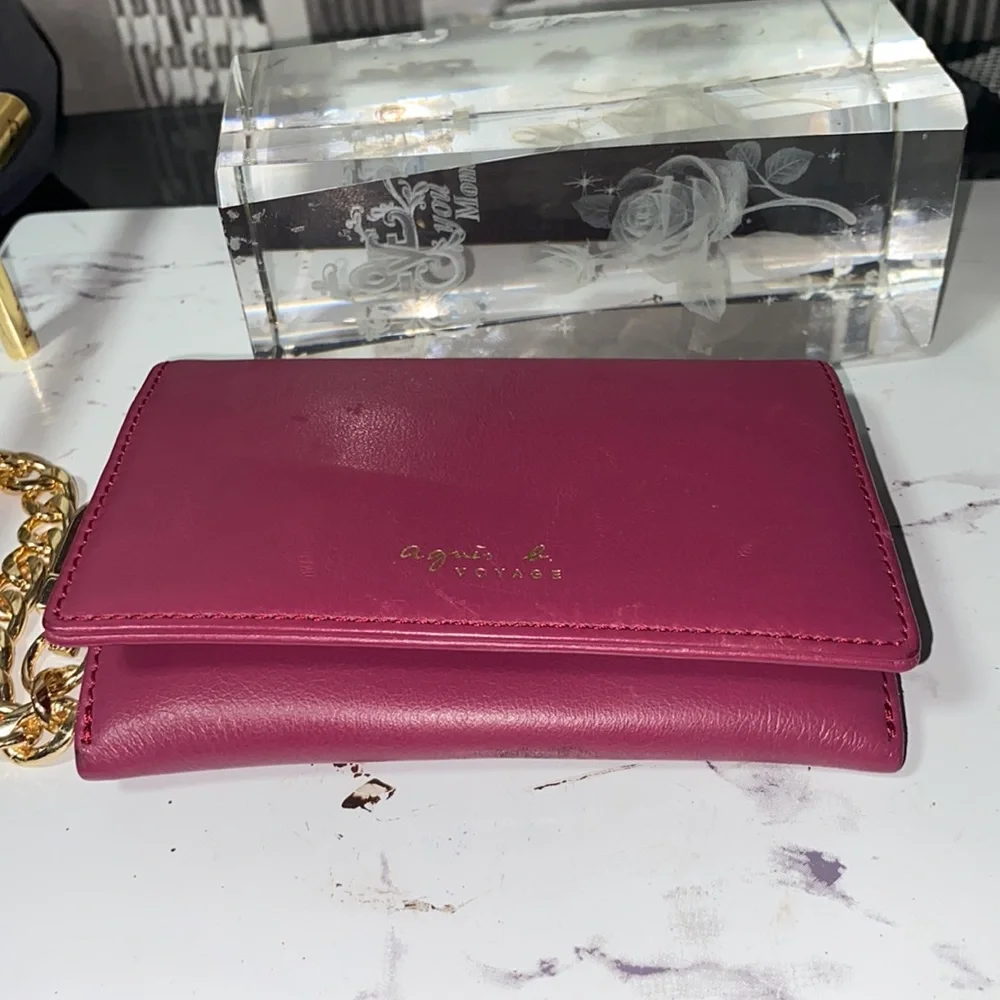 Agnes B. Pink Leather Card Holder with Gold Chain